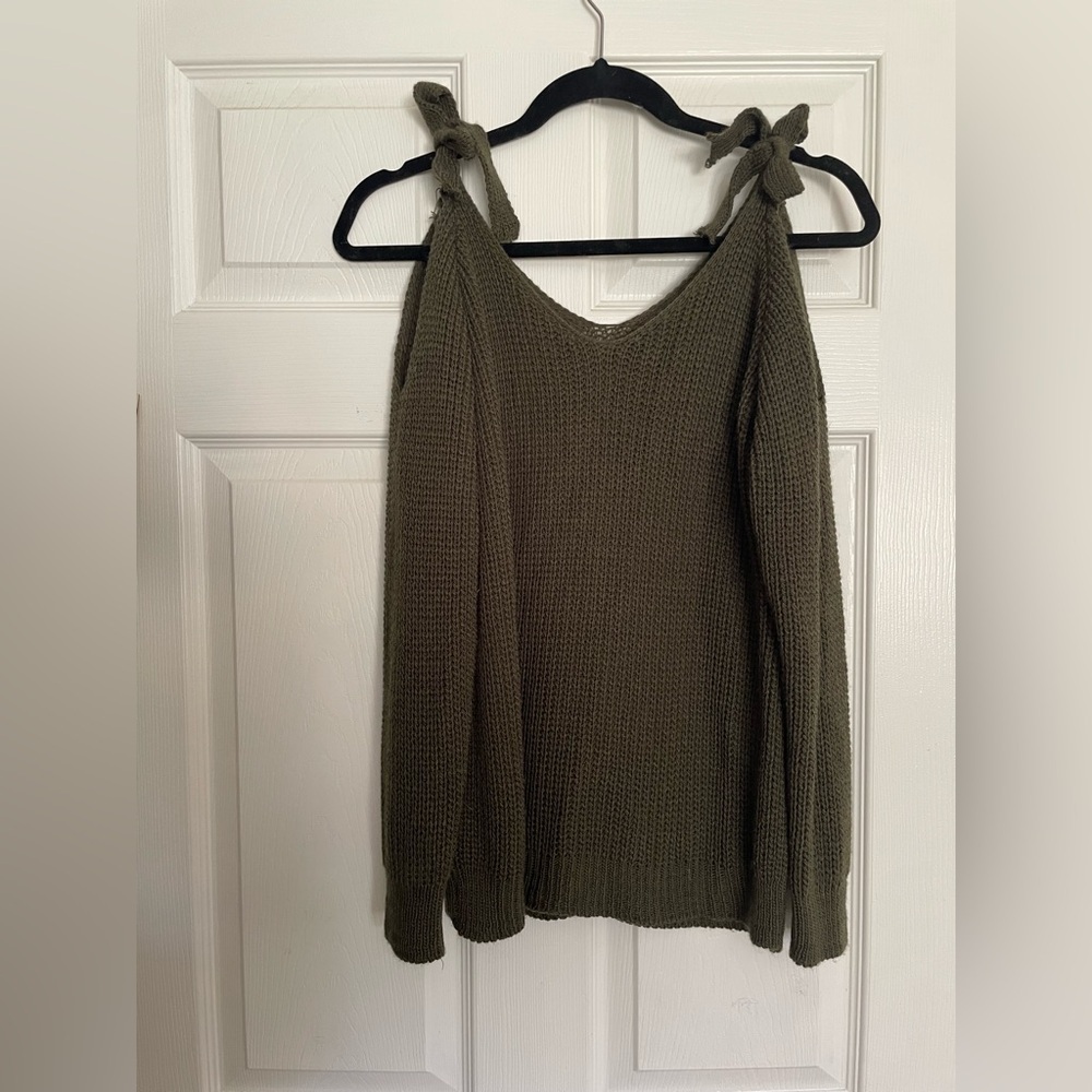 Olive Green Women's Sweater with bow shoulder straps and shoulder cutouts